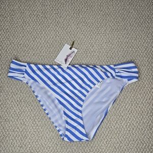 Jessica Simpson Blue and White Striped Bikini Bottom Large